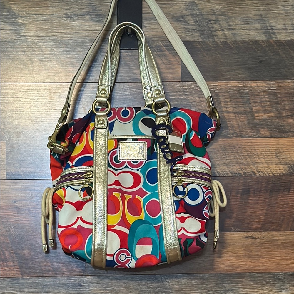 Coach Poppy Red and Blue Shoulder Bag with Signature Pattern